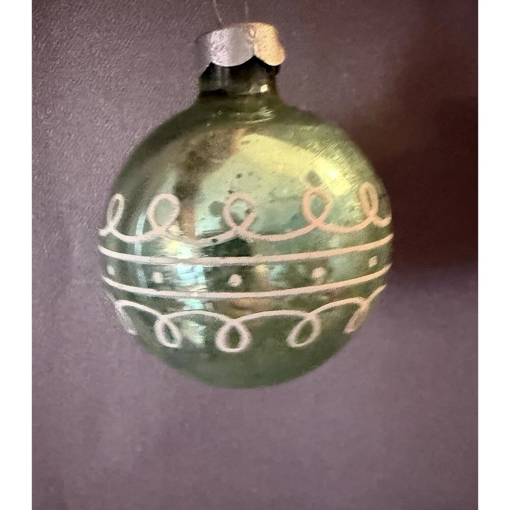 VTG Christmas Green Mercury Glass Ornament Stenciled White Design MCM Holiday